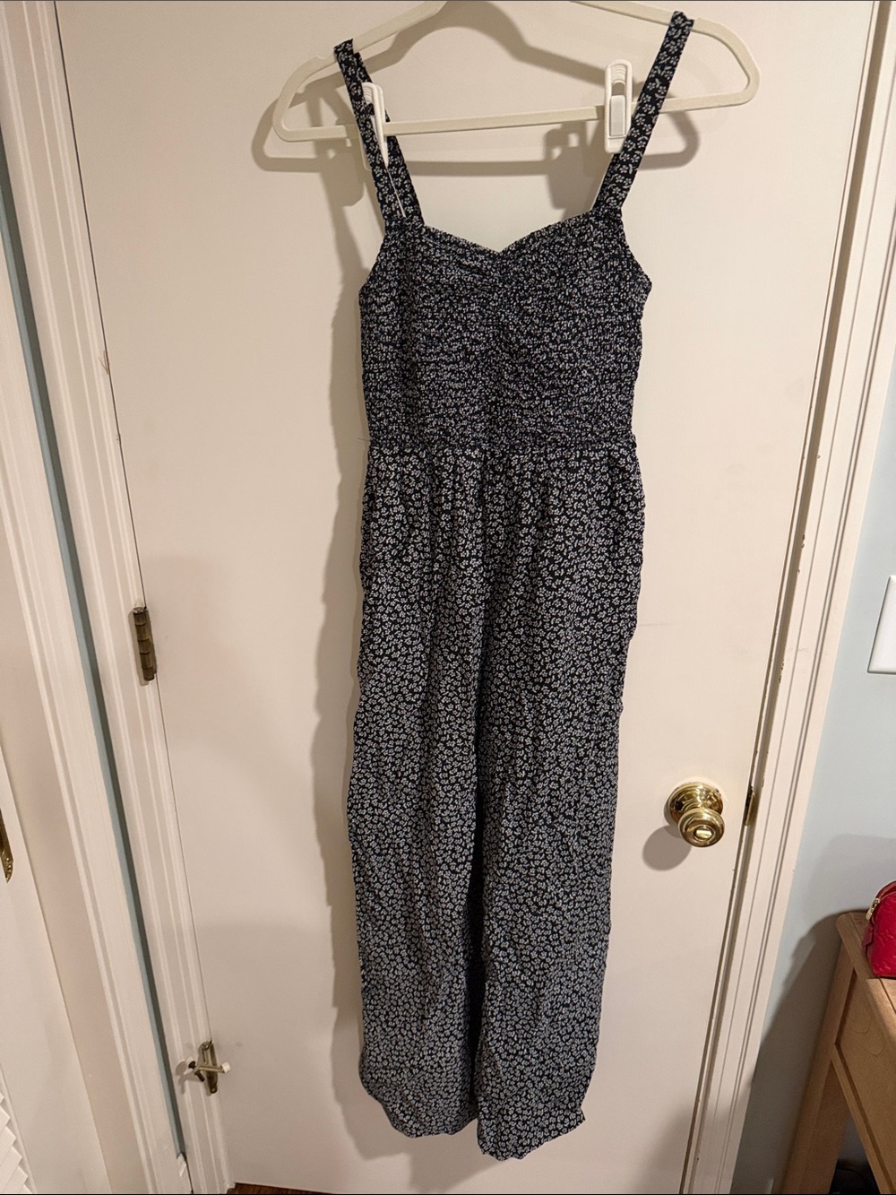 Madewell Navy and White Floral Smocked Jumpsuit